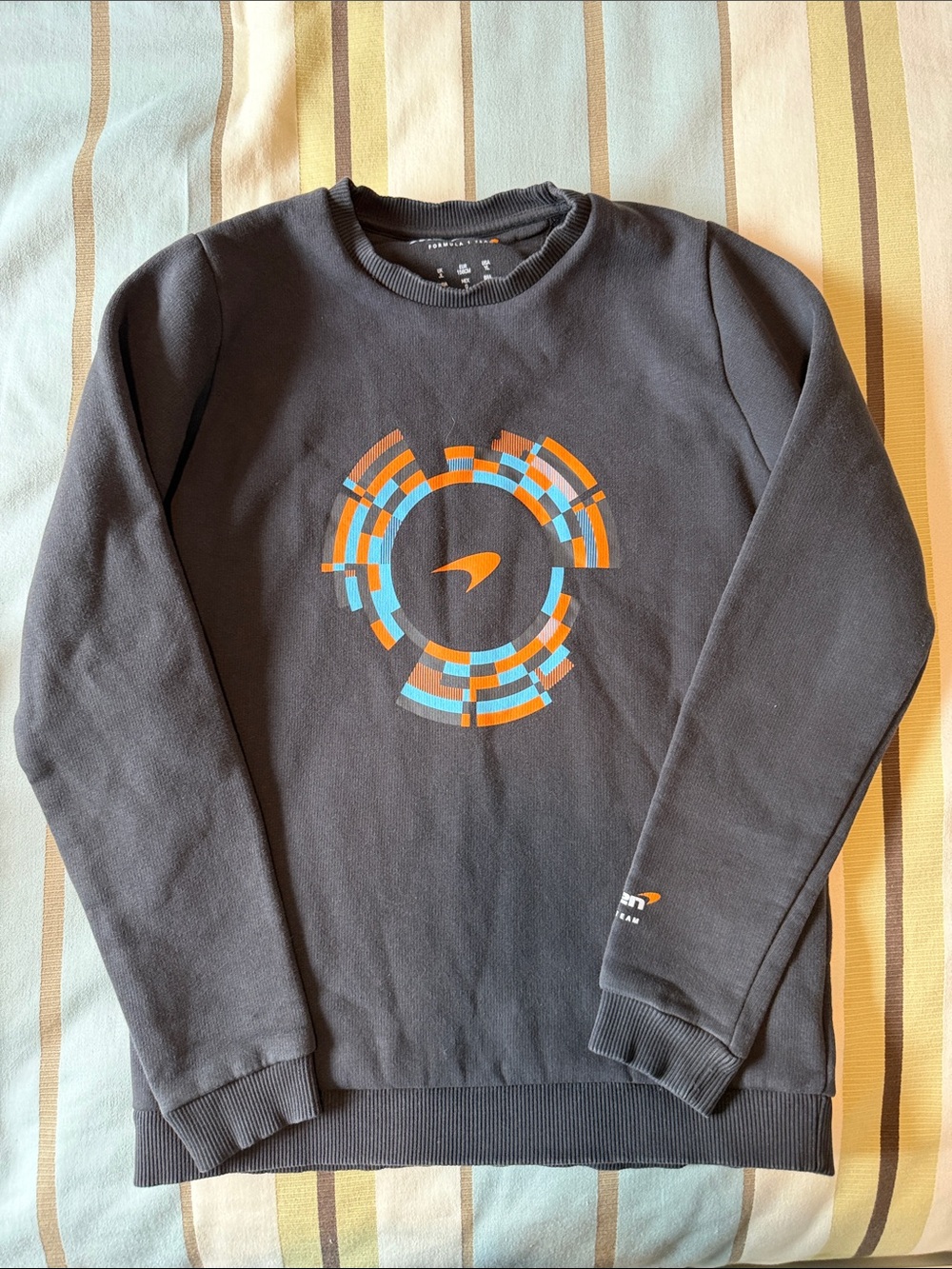 Boys Black Graphic Crewneck Sweater with Orange & Light Blue Accents